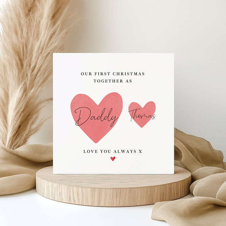 Personalised Red Hearts Daddy &amp; Me Our First Christmas Card