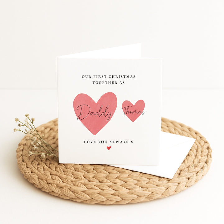 Personalised Red Hearts Daddy &amp; Me Our First Christmas Card
