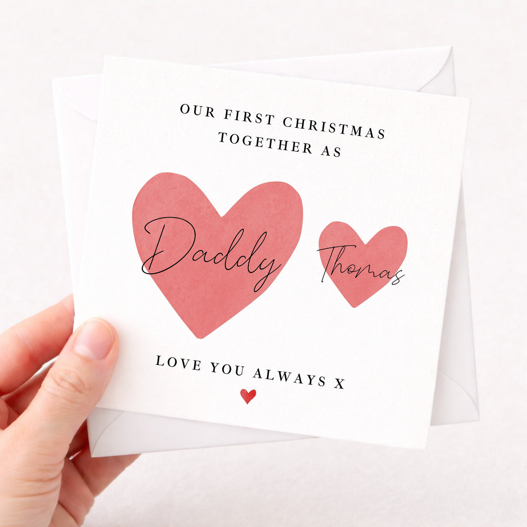 Personalised Red Hearts Daddy &amp; Me Our First Christmas Card