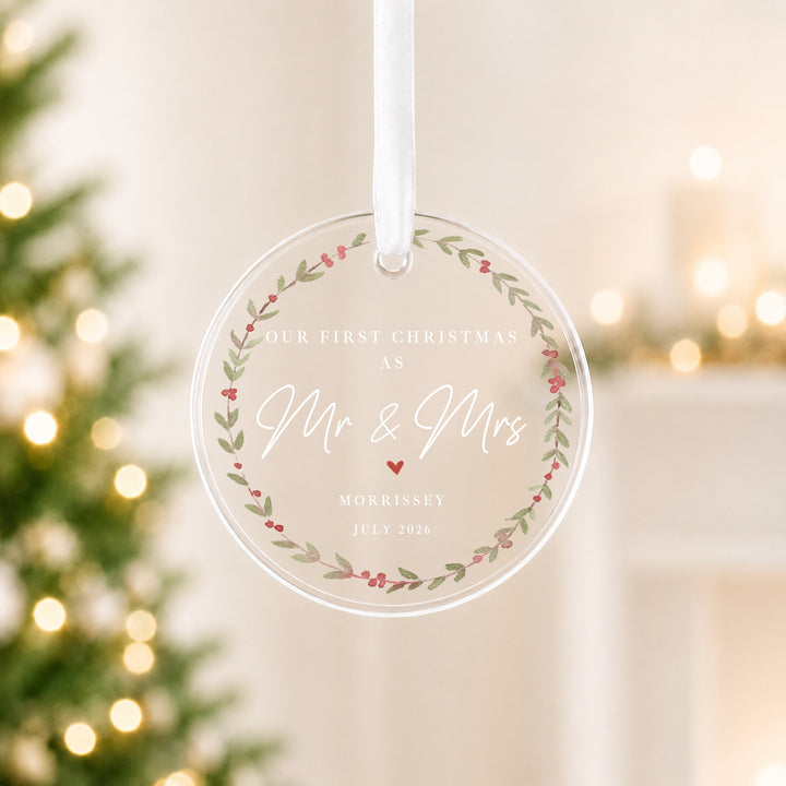 Personalised Wreath Our First Christmas As Mr &amp; Mrs Bauble