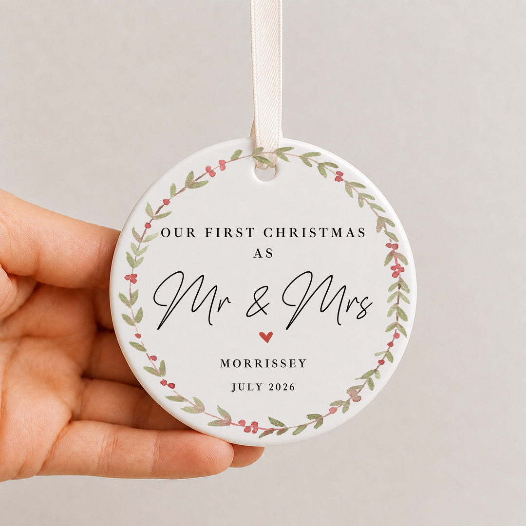 Personalised Wreath Our First Christmas As Mr &amp; Mrs Bauble