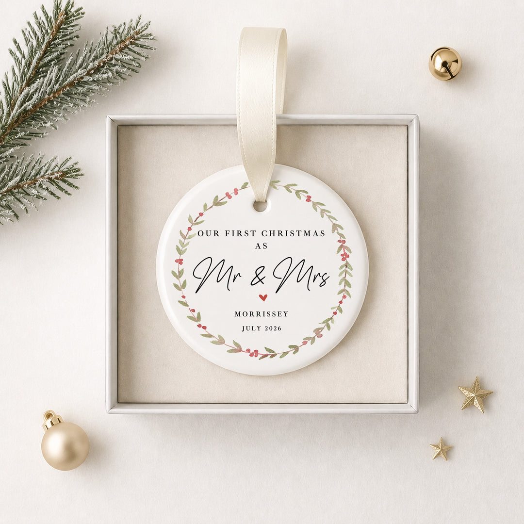 Personalised Wreath Our First Christmas As Mr &amp; Mrs Bauble
