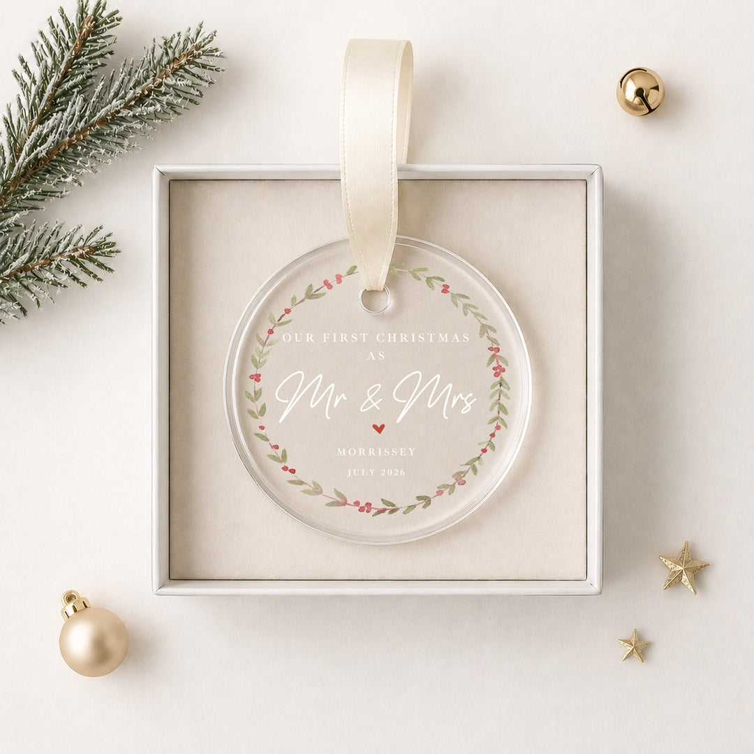 Personalised Wreath Our First Christmas As Mr &amp; Mrs Bauble
