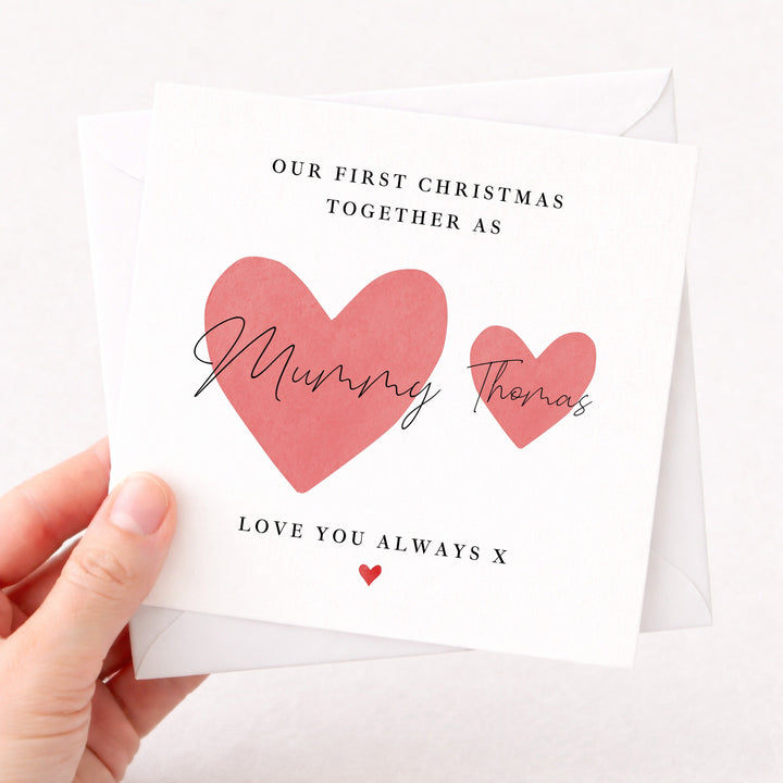 Personalised Red Hearts Mummy &amp; Me Our First Christmas Card