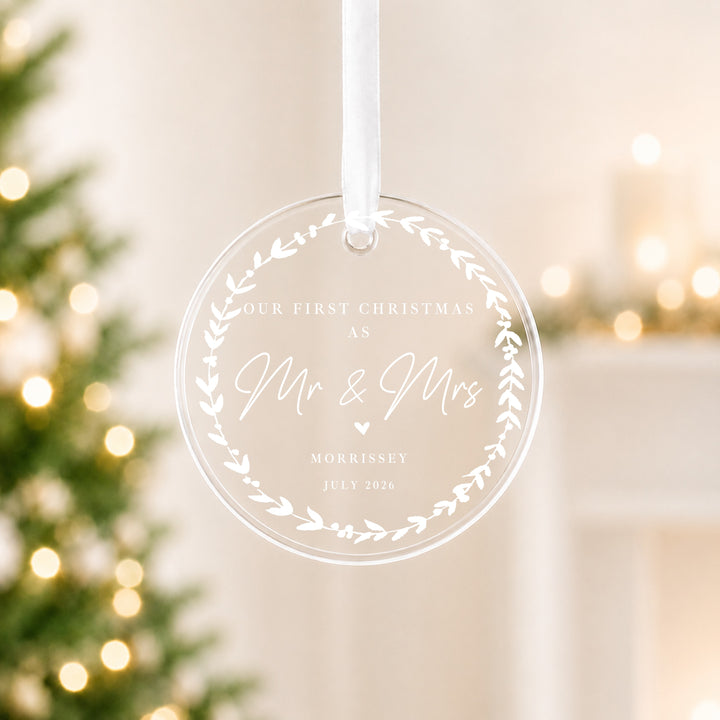 Personalised White Wreath Our First Christmas Married Bauble