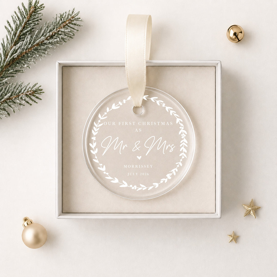 Personalised White Wreath Our First Christmas Married Bauble