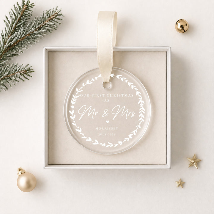 Personalised White Wreath Our First Christmas Married Bauble