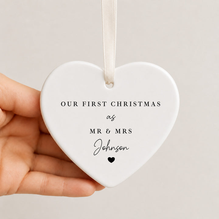 Personalised Our First Christmas Married Heart Bauble