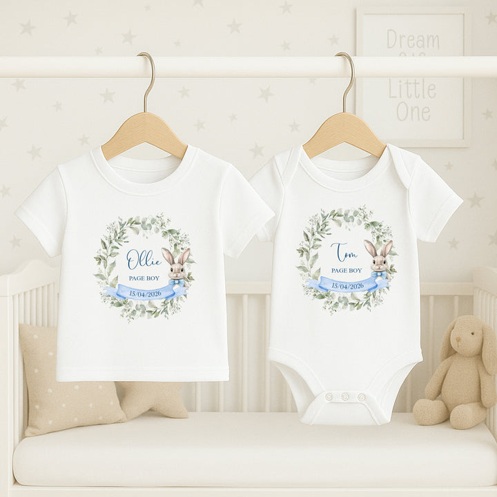 Personalised Blue Bunny Wreath Page Boy T-Shirt or Baby Vest