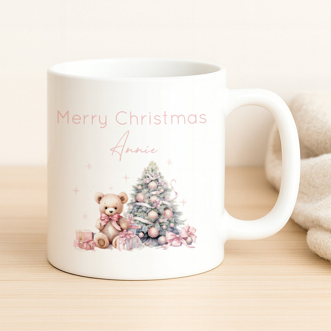 Personalised Pink Teddy Christmas Place Mat With Optional Cutlery and Mug