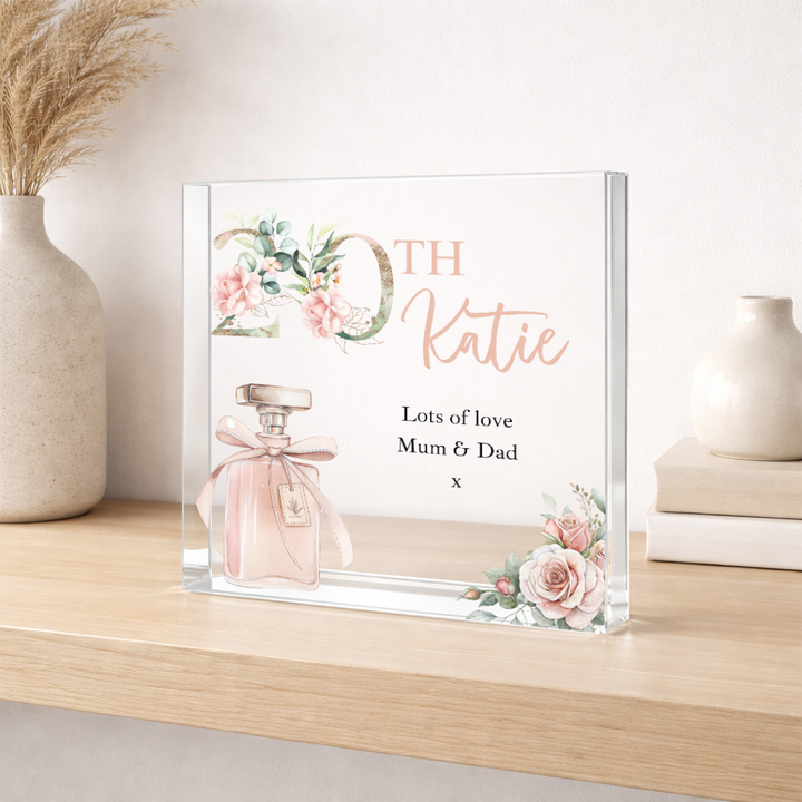 Personalised Acrylic Block Pink 20th Birthday Gift