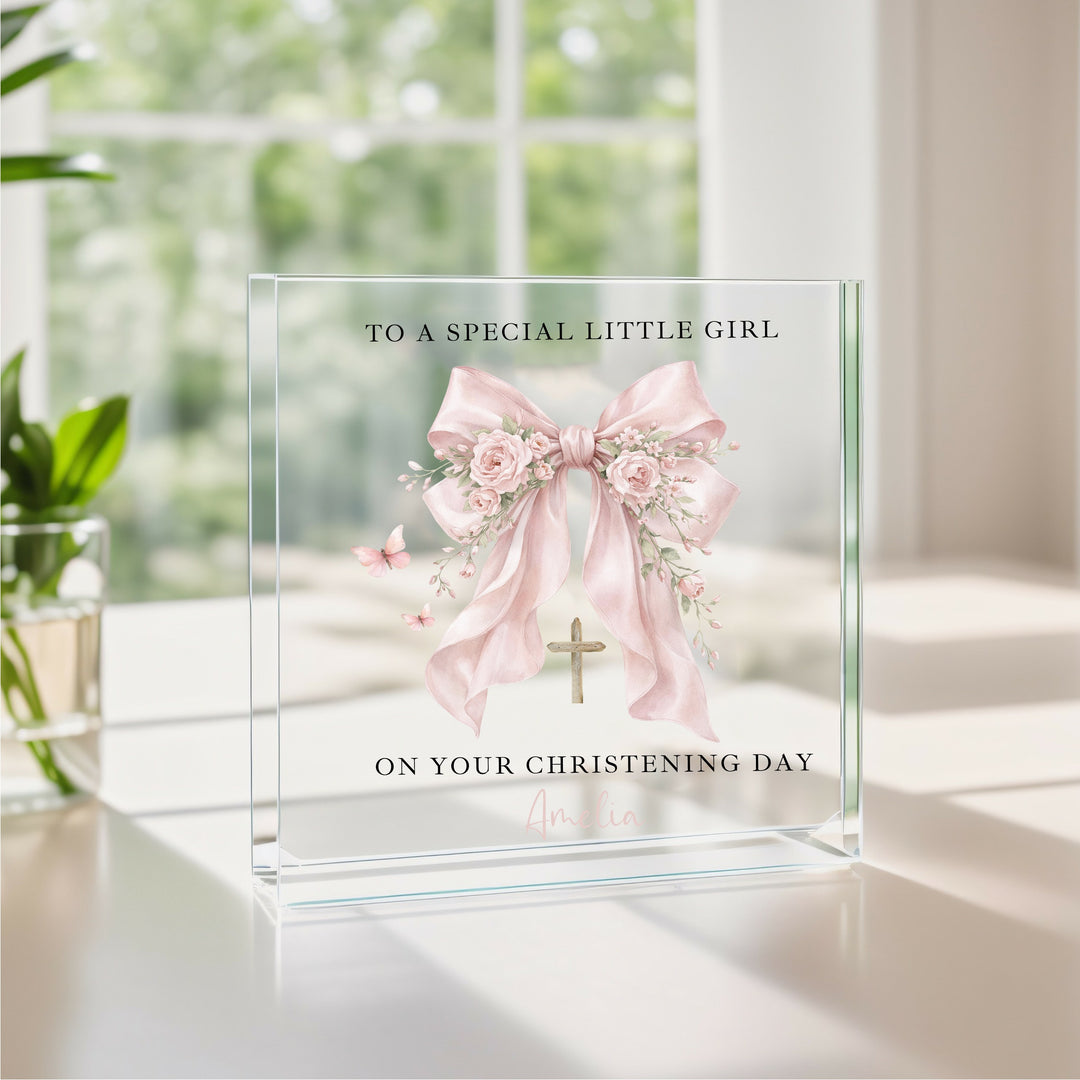 Personalised Acrylic Block Pink Bow Christening Gift