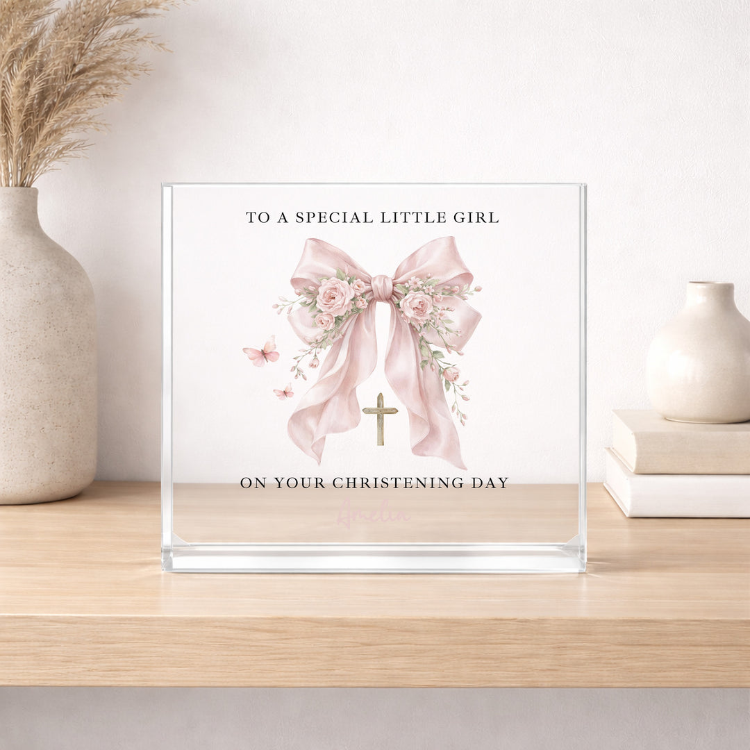 Personalised Acrylic Block Pink Bow Christening Gift