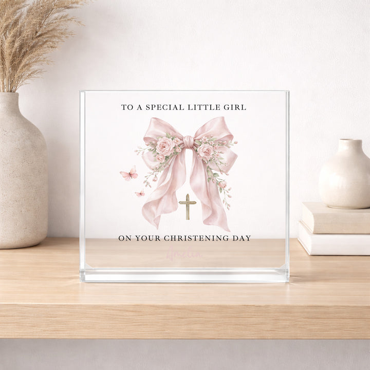 Personalised Acrylic Block Pink Bow Christening Gift