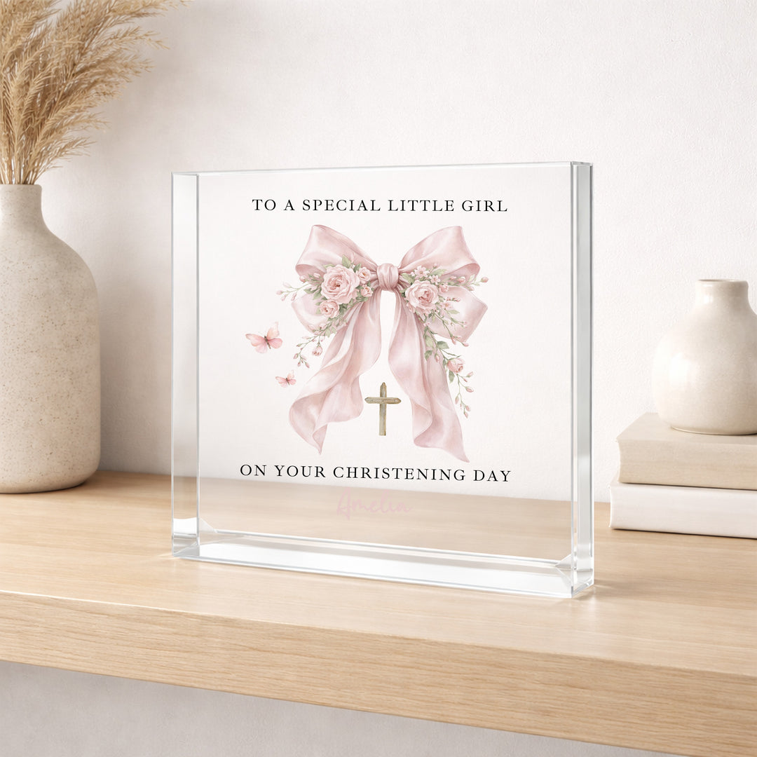 Personalised Acrylic Block Pink Bow Christening Gift