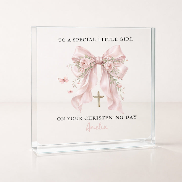 Personalised Acrylic Block Pink Bow Christening Gift
