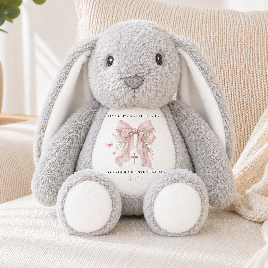 Personalised Pink Bow On Your Christening Day Soft Toy