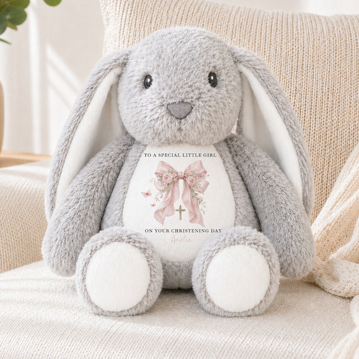 Personalised Pink Bow On Your Christening Day Soft Toy