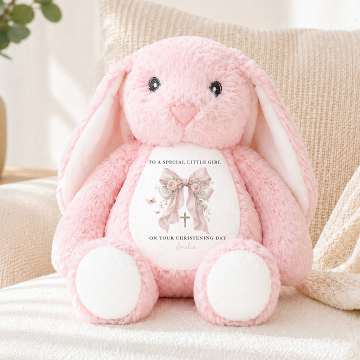 Personalised Pink Bow On Your Christening Day Soft Toy