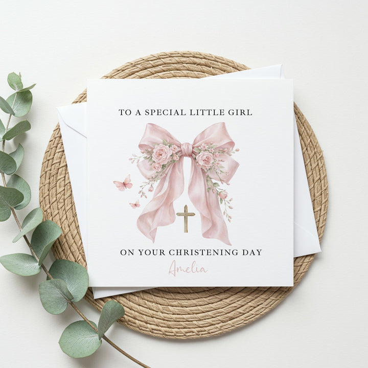 Personalised Pink Bow On Your Christening Day Card