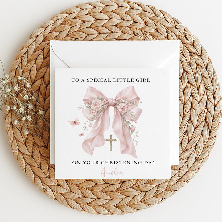 Personalised Pink Bow On Your Christening Day Card