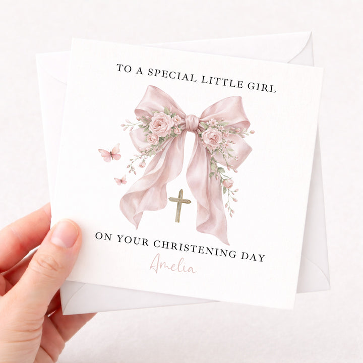 Personalised Pink Bow On Your Christening Day Card