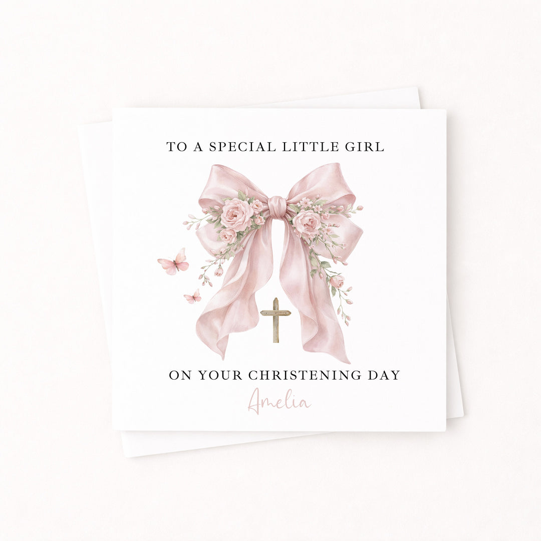 Personalised Pink Bow On Your Christening Day Card