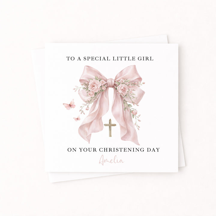 Personalised Pink Bow On Your Christening Day Card