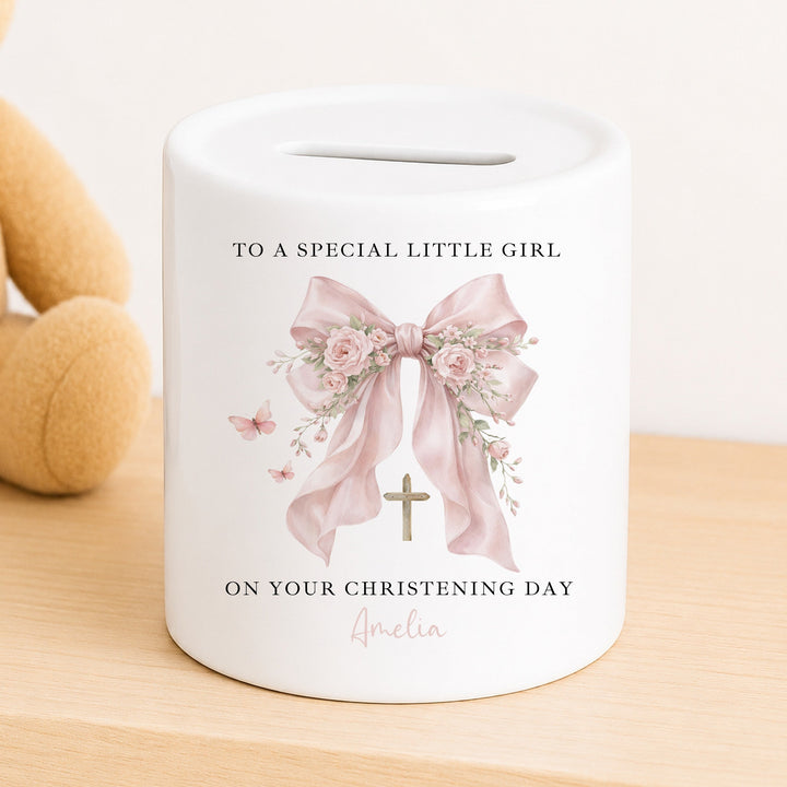 Personalised Money Box Pink Bow Christening Gift