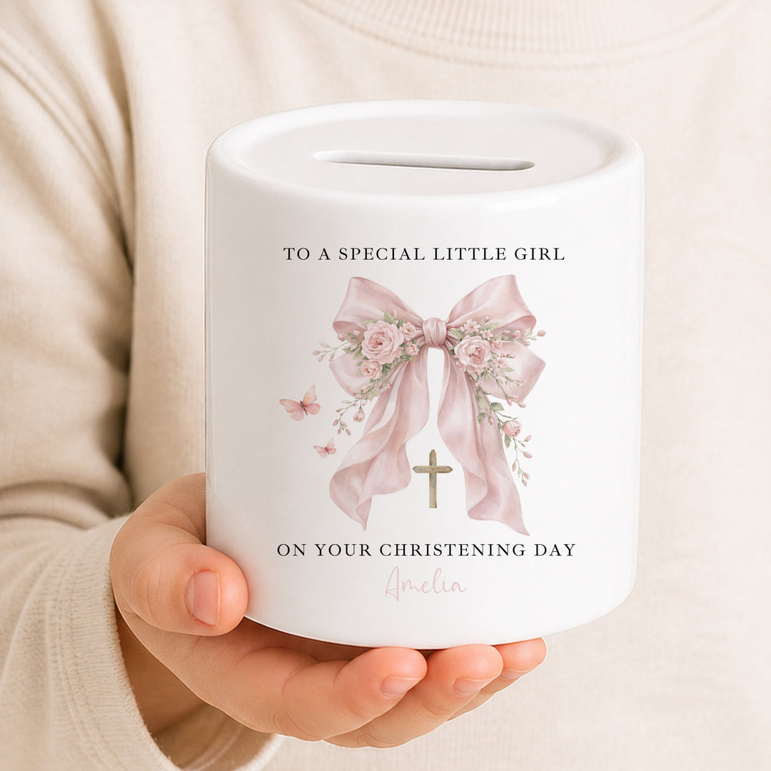 Personalised Money Box Pink Bow Christening Gift