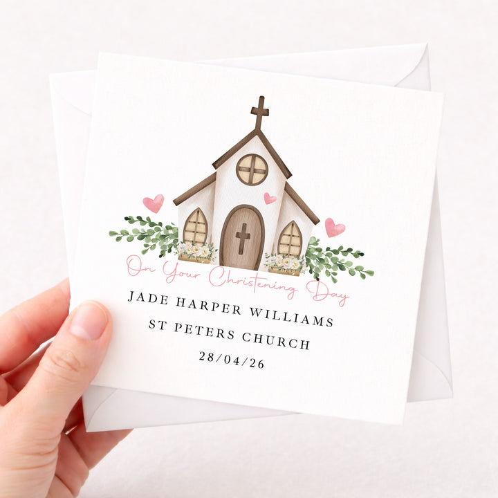 Personalised Pink On Your Christening Day Card