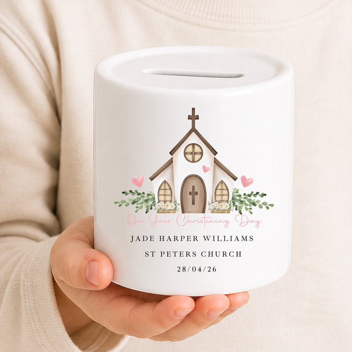 Personalised Money Box Pink On Your Christening Day Gift