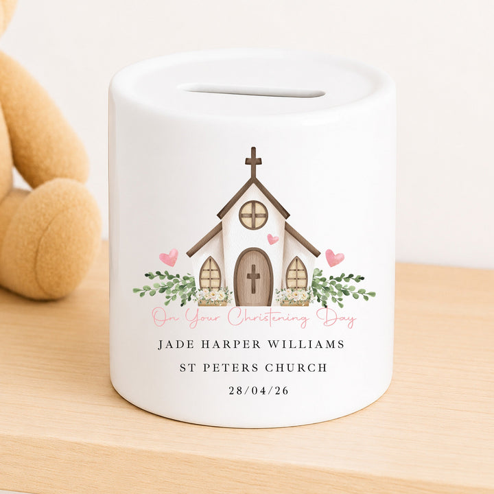Personalised Money Box Pink On Your Christening Day Gift