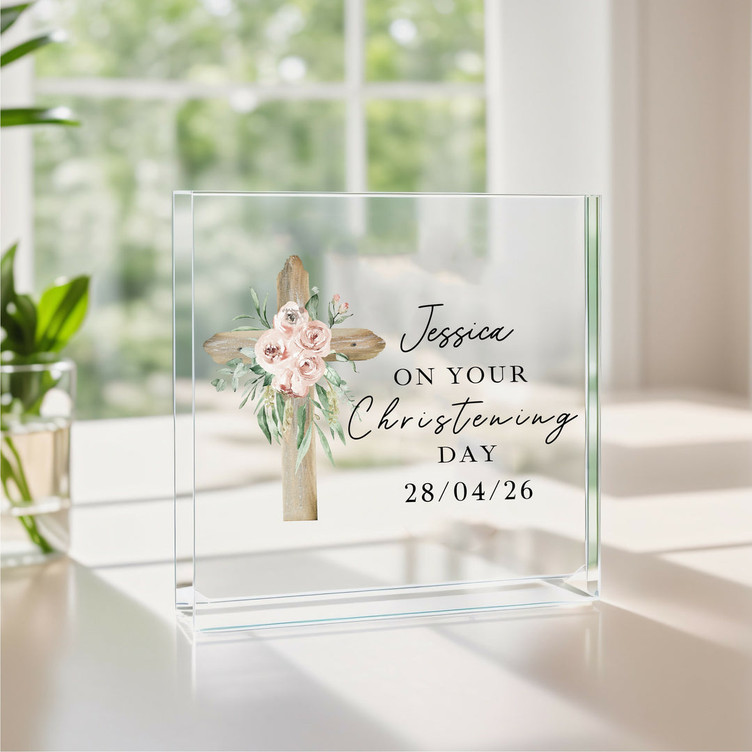 Personalised Acrylic Block Pink Cross Christening Gift