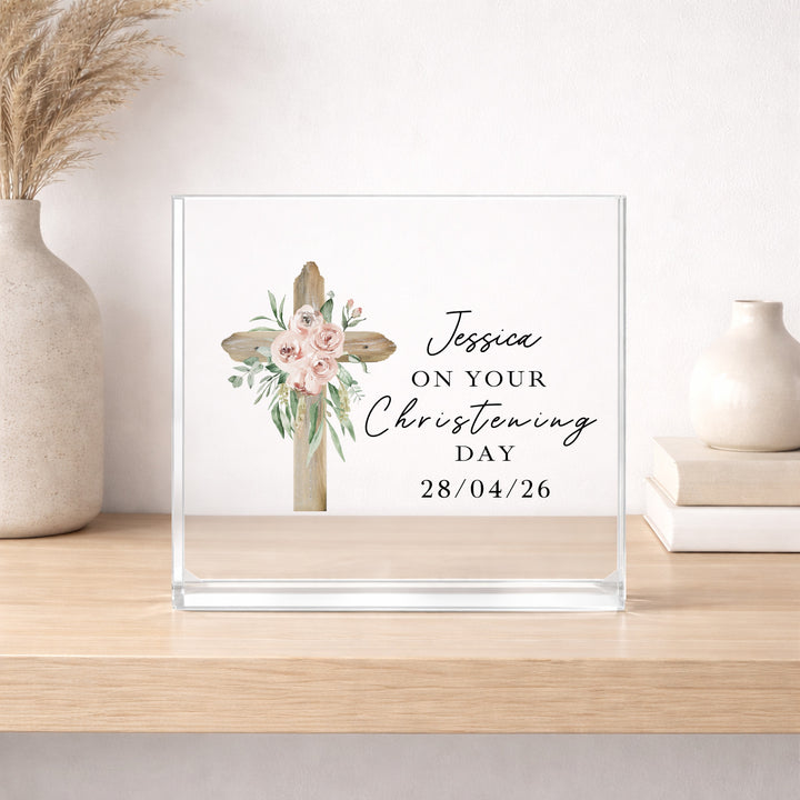 Personalised Acrylic Block Pink Cross Christening Gift