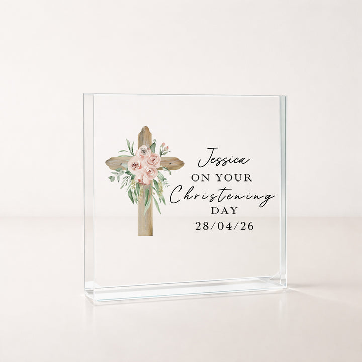 Personalised Acrylic Block Pink Cross Christening Gift