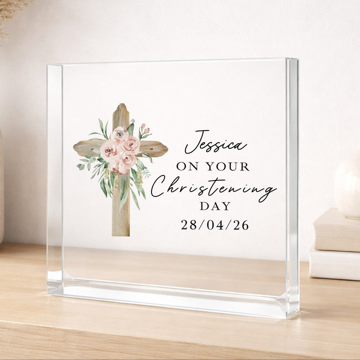 Personalised Acrylic Block Pink Cross Christening Gift