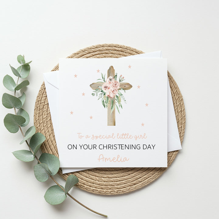 Personalised Pink Cross On Your Christening Day Card