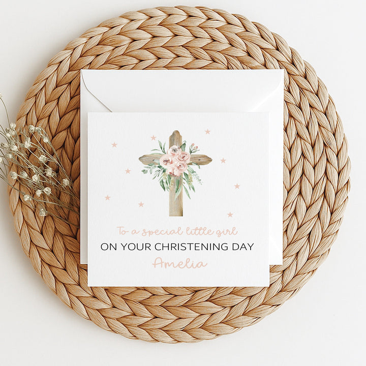 Personalised Pink Cross On Your Christening Day Card