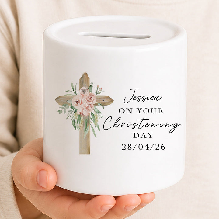 Personalised Money Box Pink Cross Christening Gift