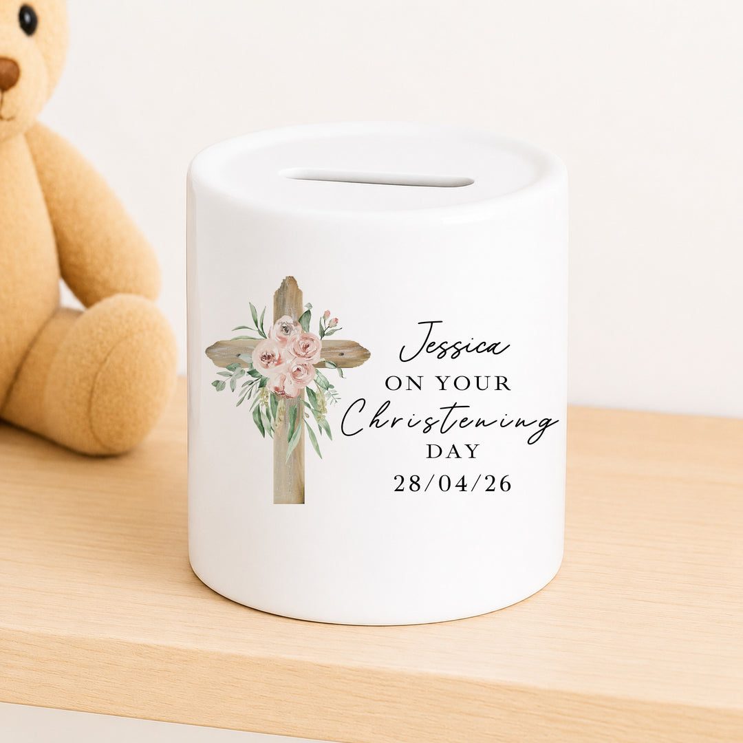 Personalised Money Box Pink Cross Christening Gift