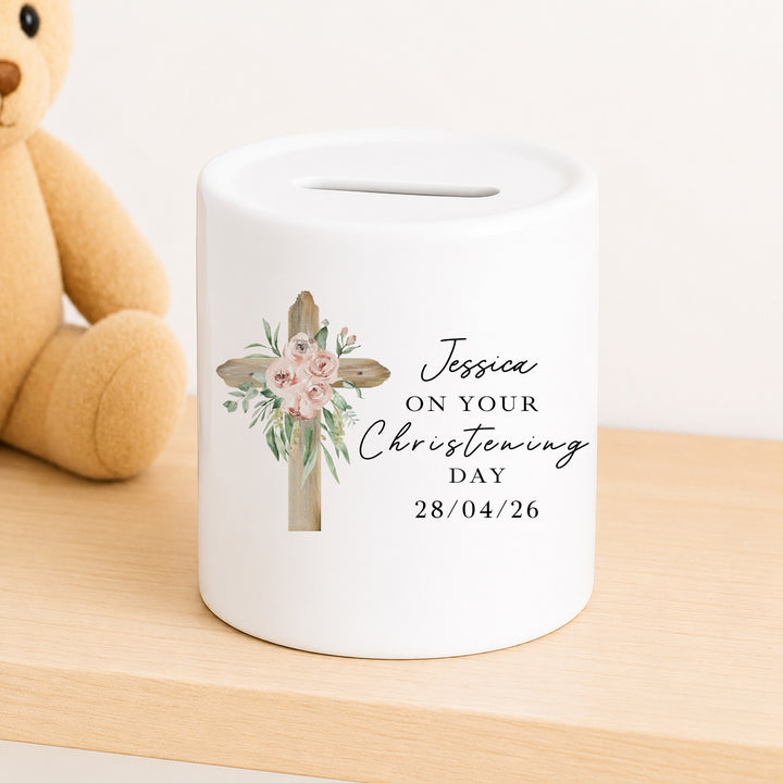 Personalised Money Box Pink Cross Christening Gift