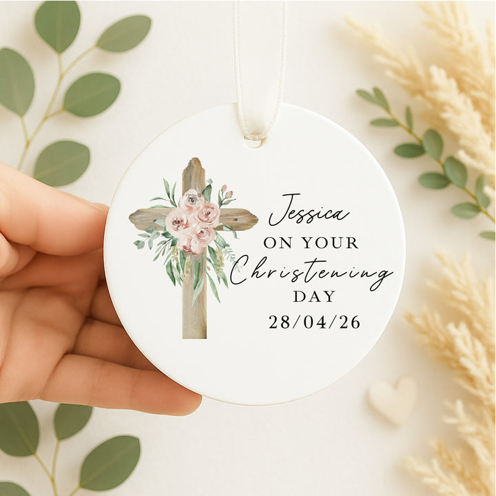 Personalised Pink Cross On Your Christening Gift Ornament