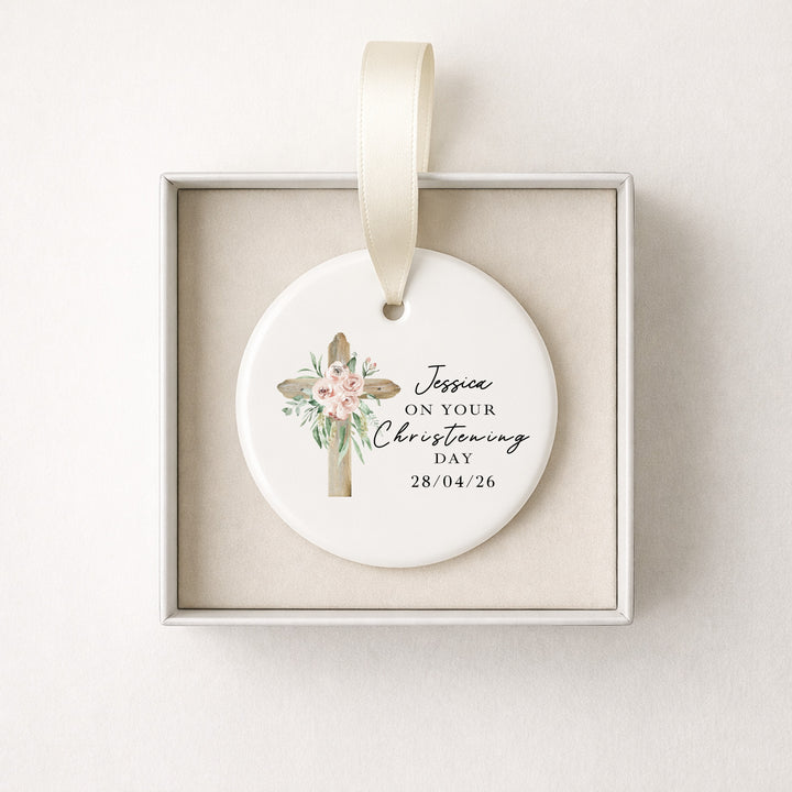Personalised Pink Cross On Your Christening Gift Ornament