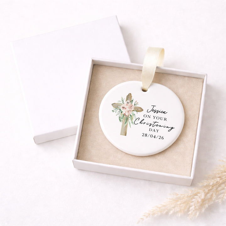 Personalised Pink Cross On Your Christening Gift Ornament