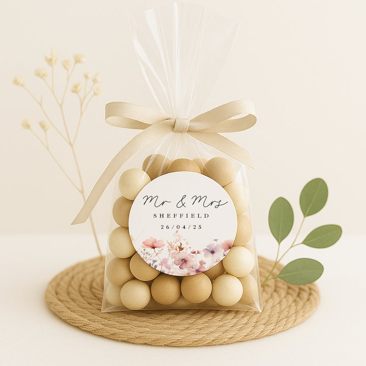 Personalised Pink Flowers Wedding Favour Bag Stickers