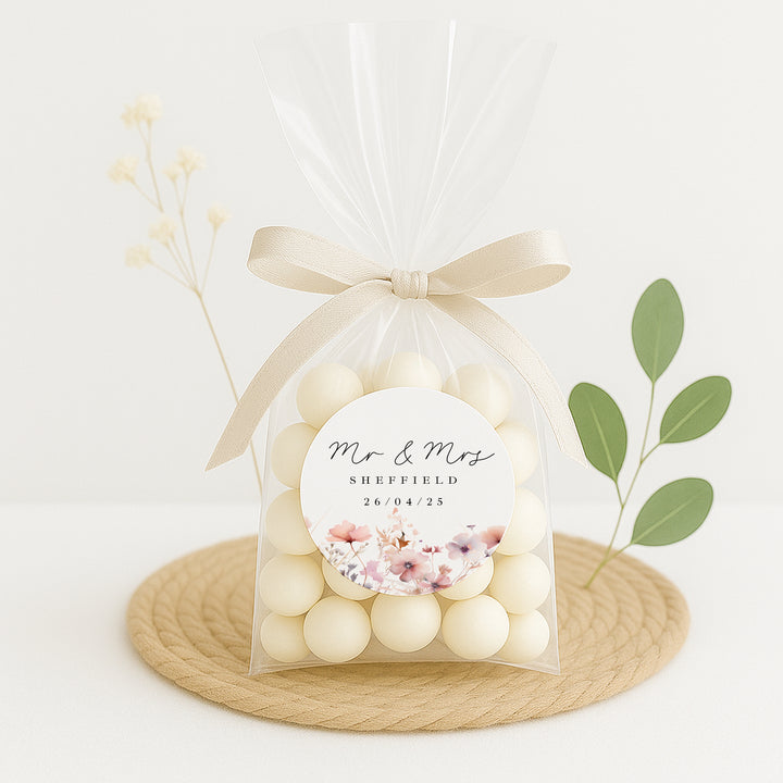 Personalised Pink Flowers Wedding Favour Bag Stickers