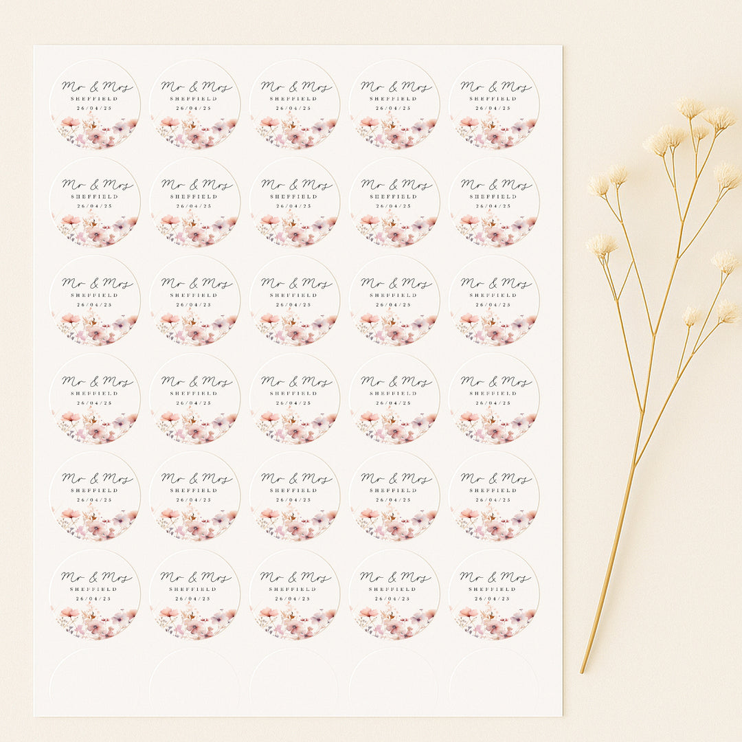 Personalised Pink Flowers Wedding Favour Bag Stickers