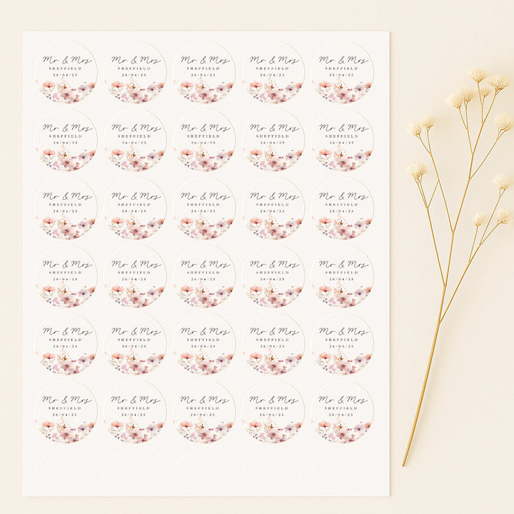 Personalised Pink Flowers Wedding Favour Bag Stickers