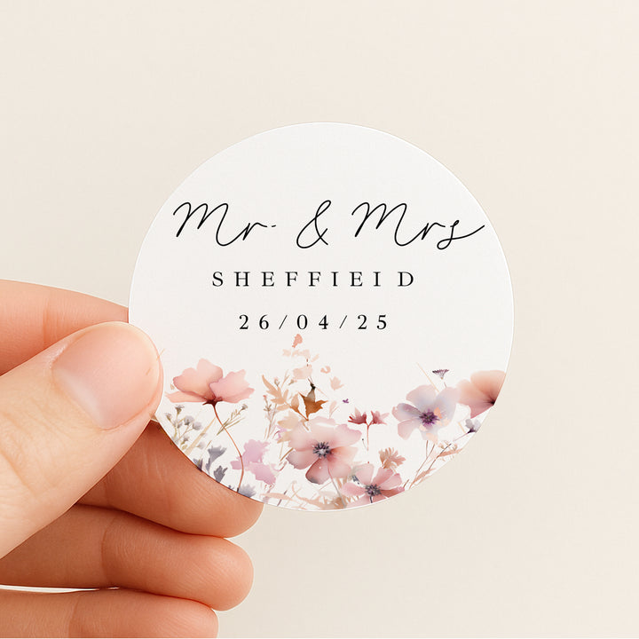 Personalised Pink Flowers Wedding Favour Bag Stickers